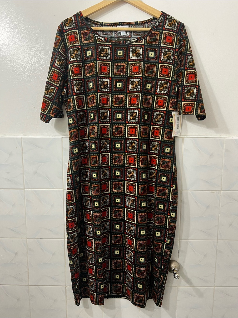 LuLaRoe Julia Form Fitting Midi Shirt Dress Women’s L/XL Retro Geometric Boho
